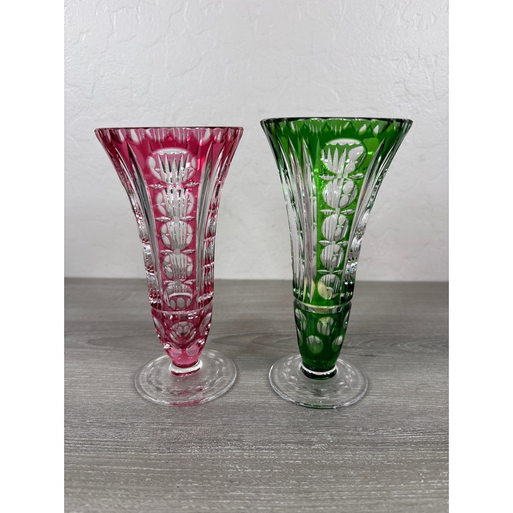 Vintage Bohemian Cut to Clear Crystal Bud Vases Pink Green Pair 6.5 Inch